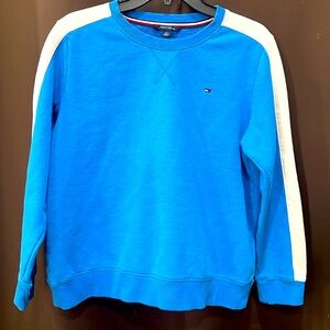 TOMMY HILFIGER, Women’s Crewneck, Ocean Blue White Sleeve Stripes, Size Large